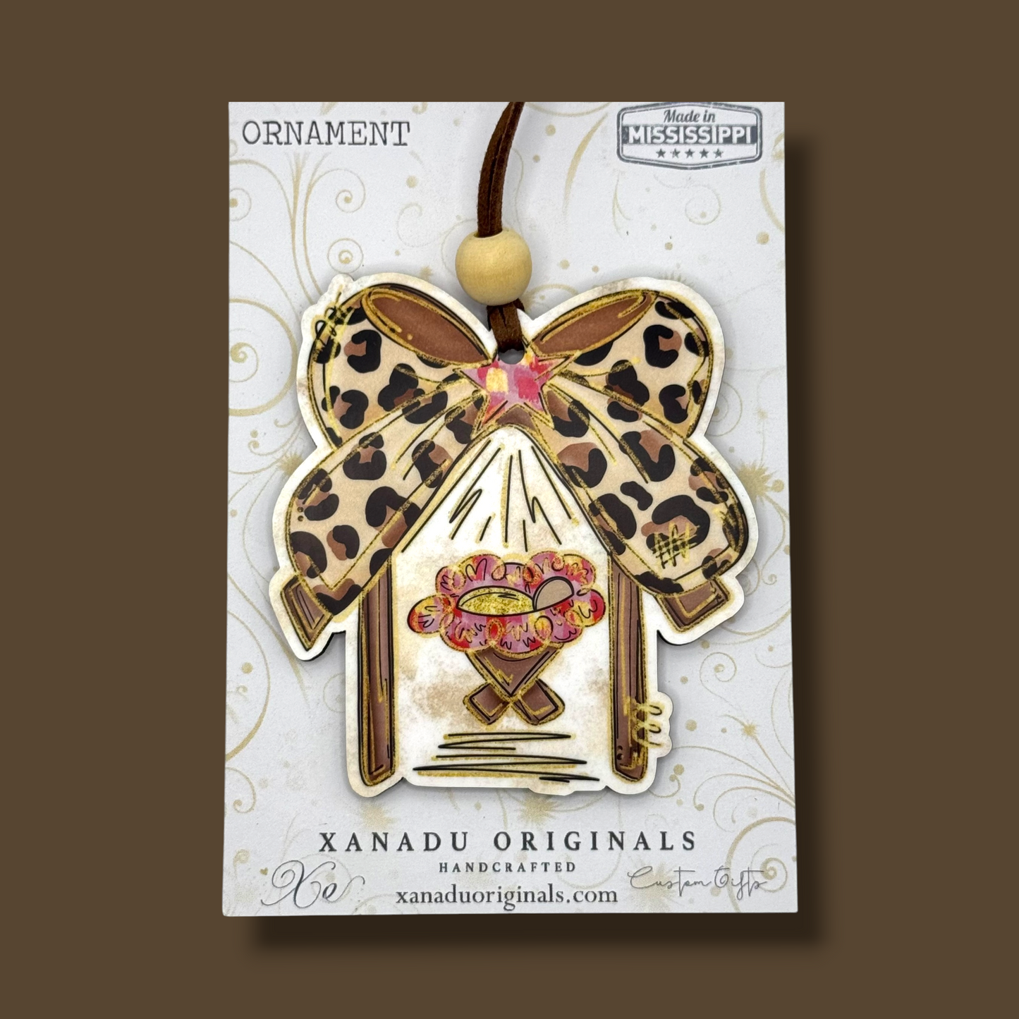 Leopard Print Bow Nativity Christmas Ornament | Western Boho Manger Keepsake