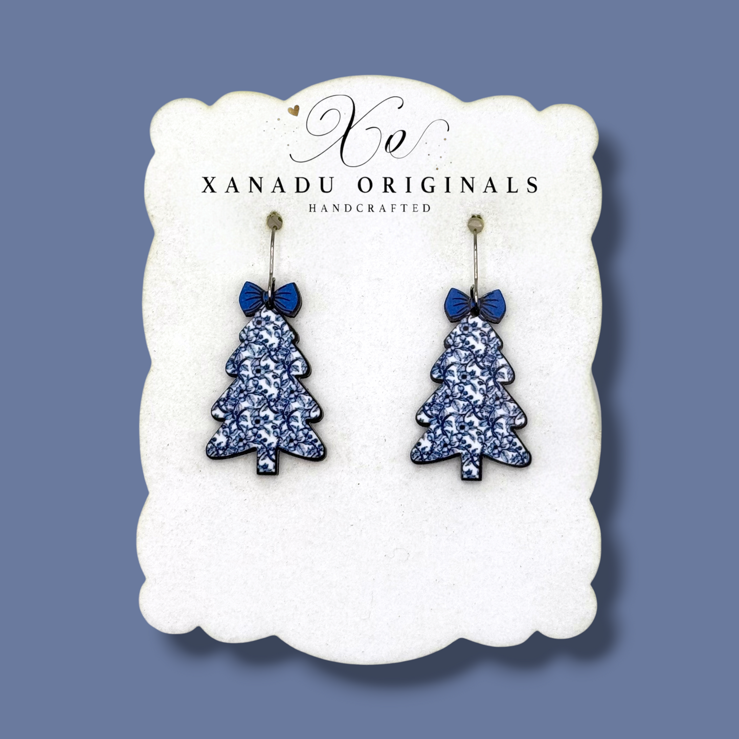 Blue Floral Christmas Tree Earrings