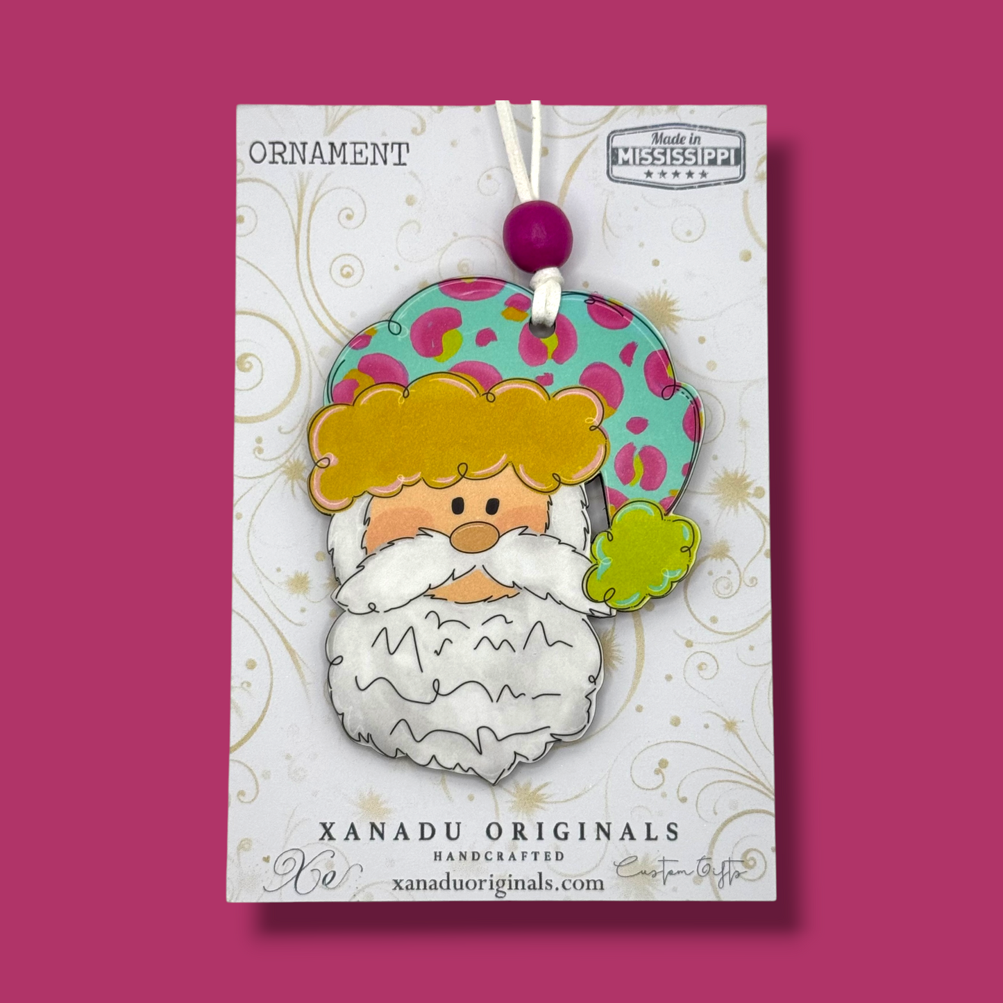 Retro Leopard Print Santa Claus Ornament, Traditional Holiday Tree Decor, Whimsical Hand-Painted Style Keepsake