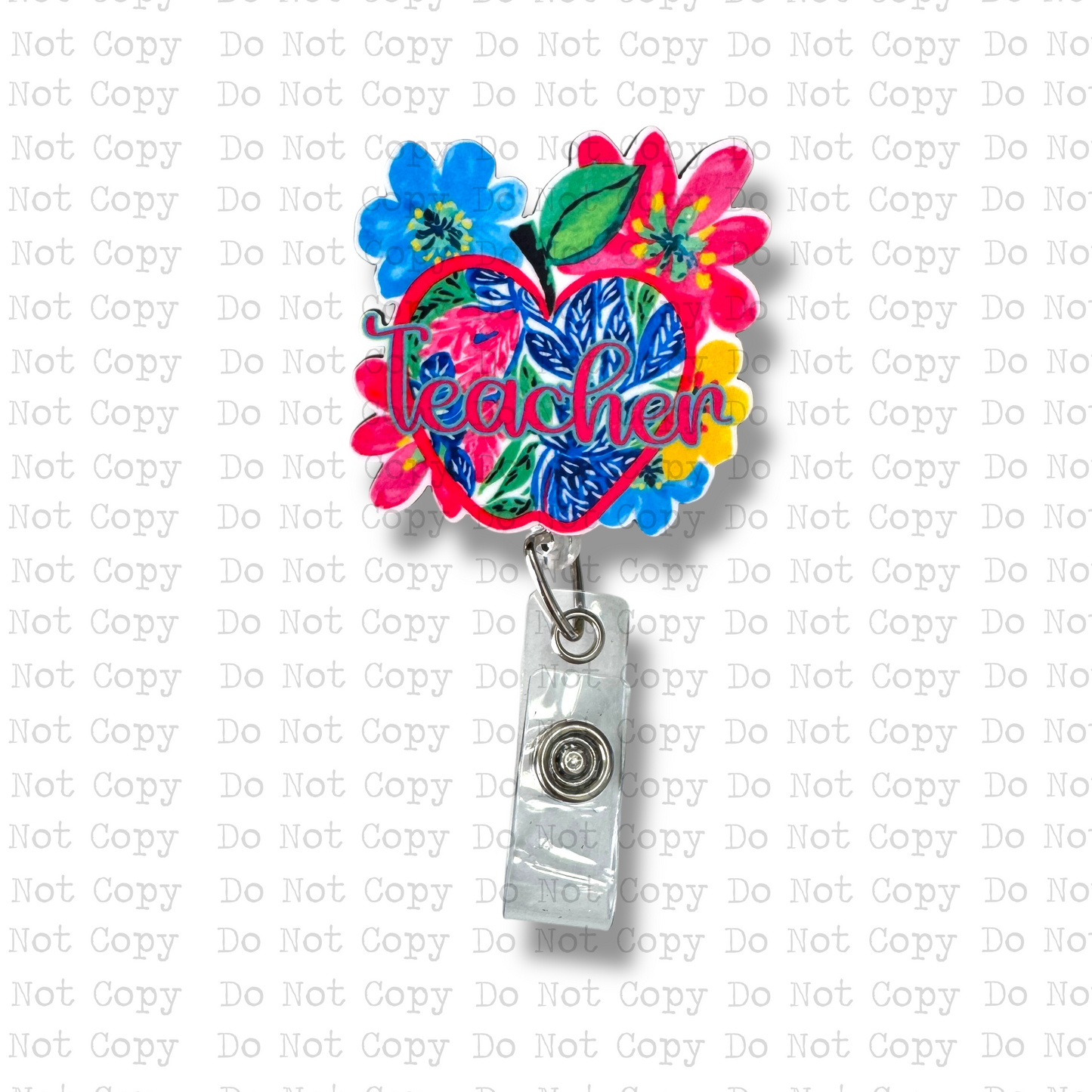 Floral Teacher Interchangeable Badge Button with Reel Option