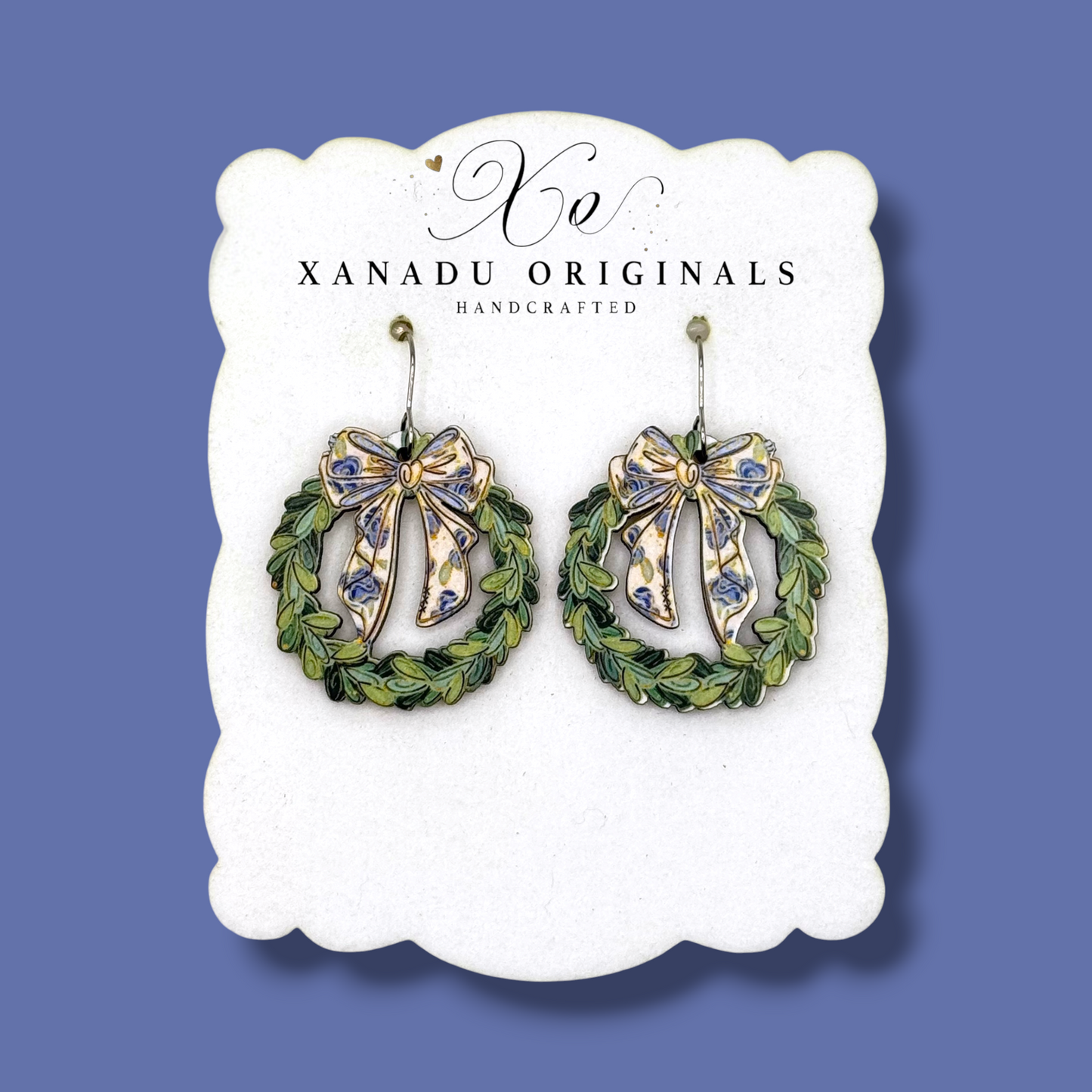 Blue Toile Bow Wreath Earrings