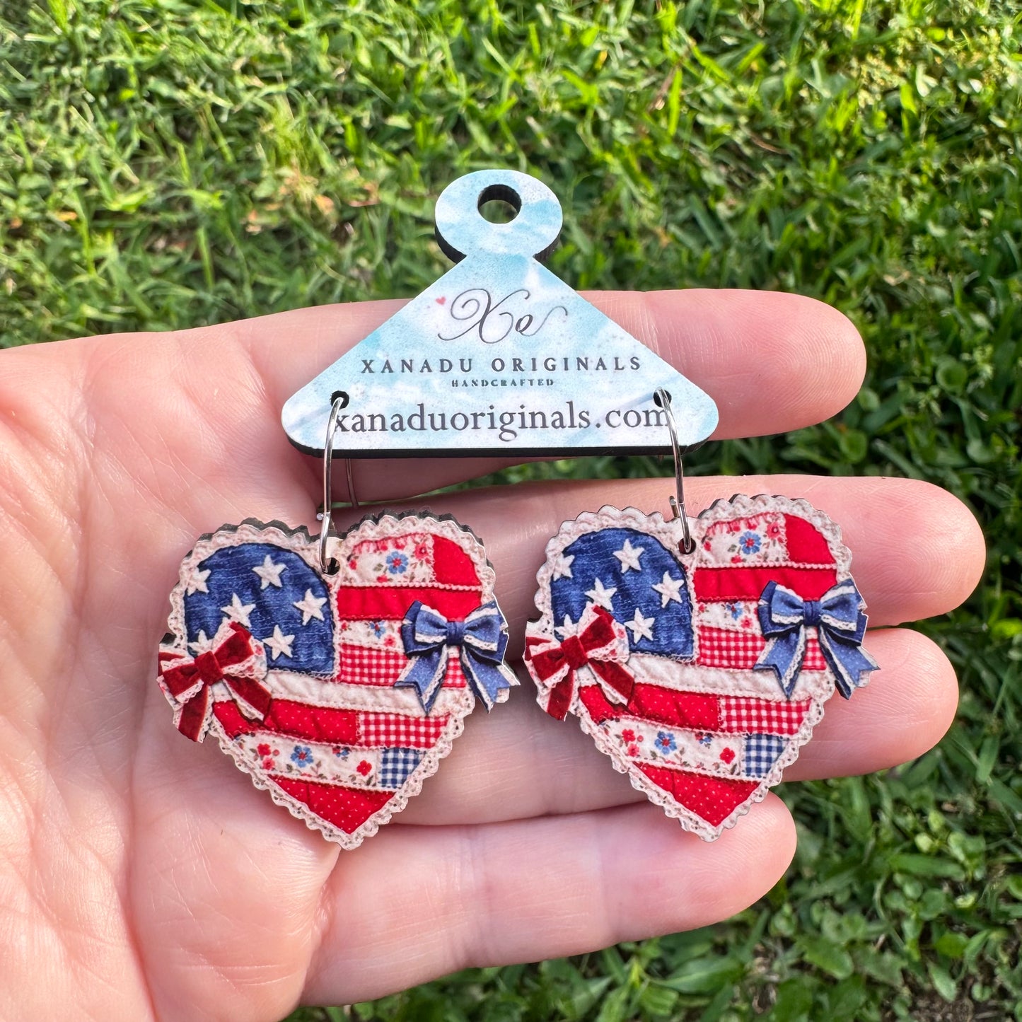 Patriotic Denim Heart Dangle Earrings