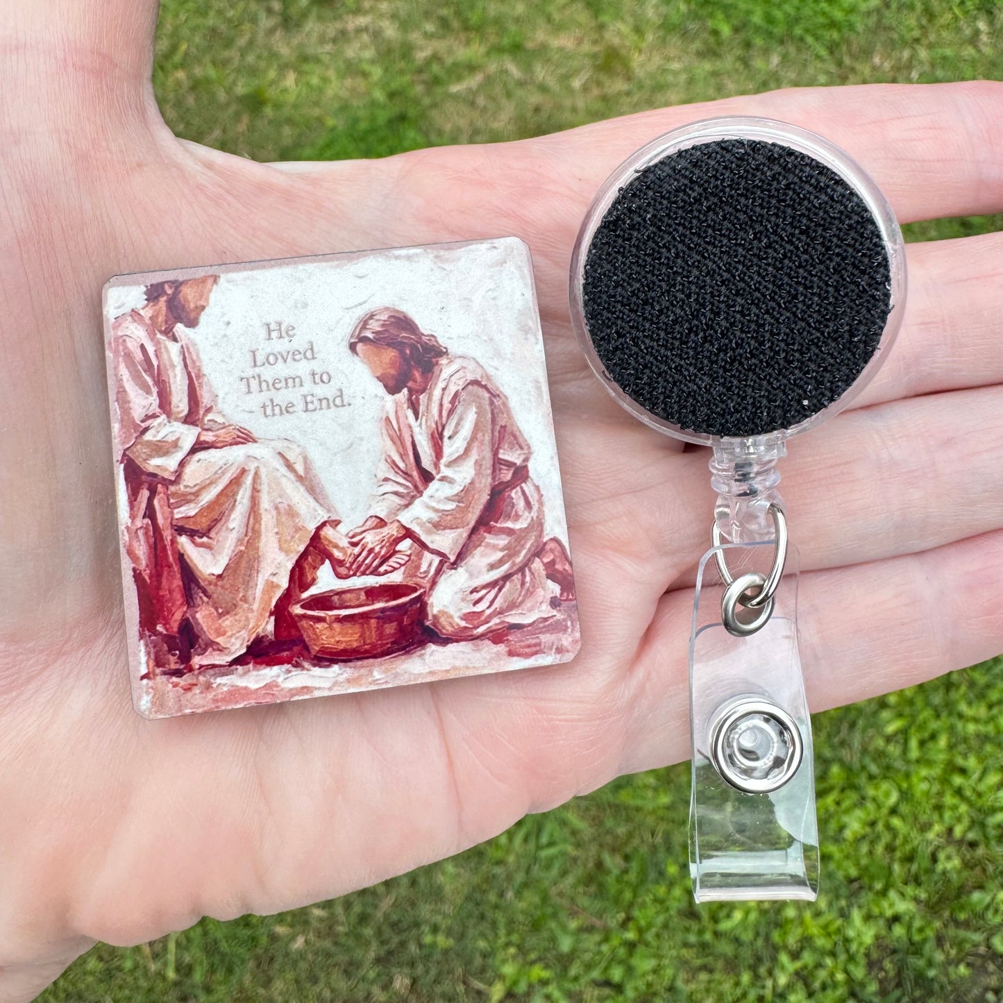Foot Washing Interchangeable Badge Button with Reel Option
