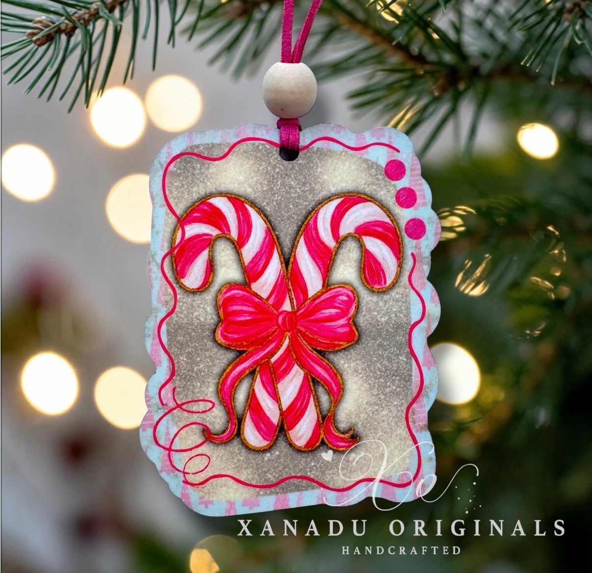 Whimsical Gold Glitter Candy Cane Ornament - Pink Coquette Bow Holiday Tree Decoration