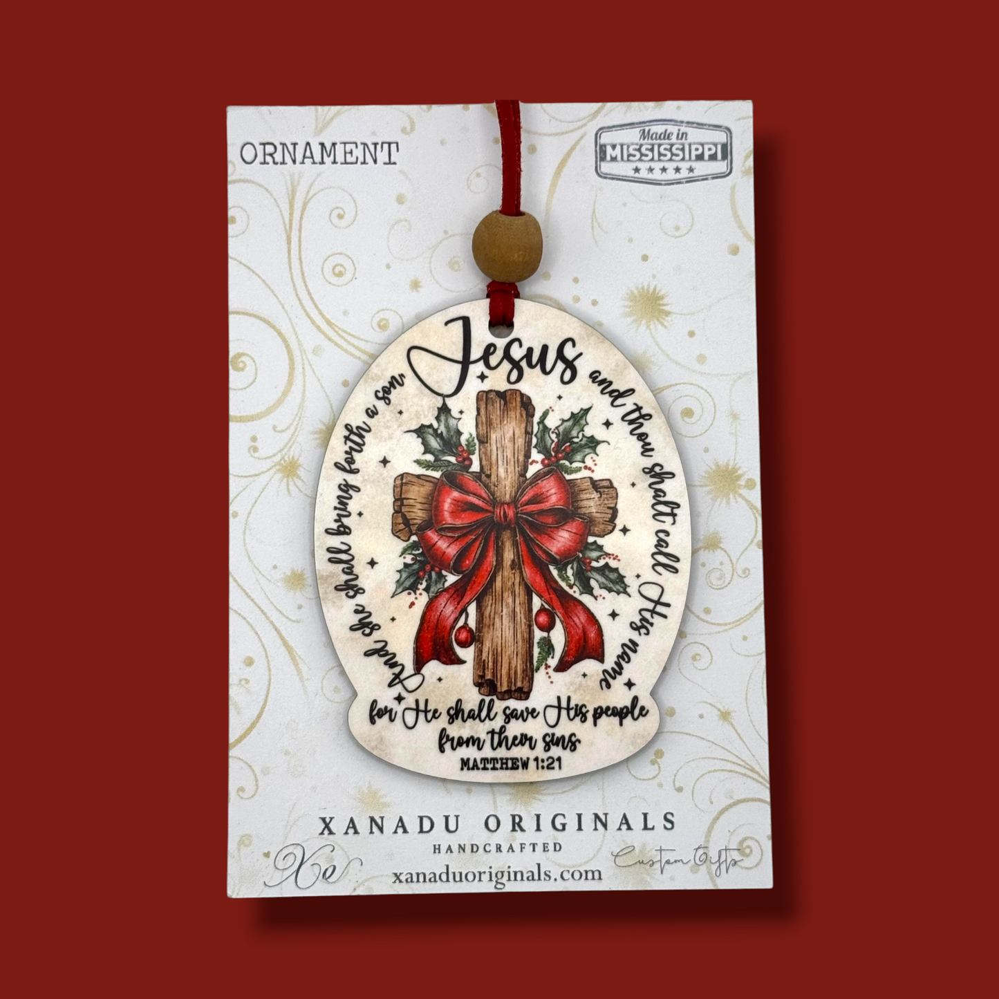 Matthew 1:21 Scripture Wooden Cross Christmas Ornament | Christian Holiday Keepsake
