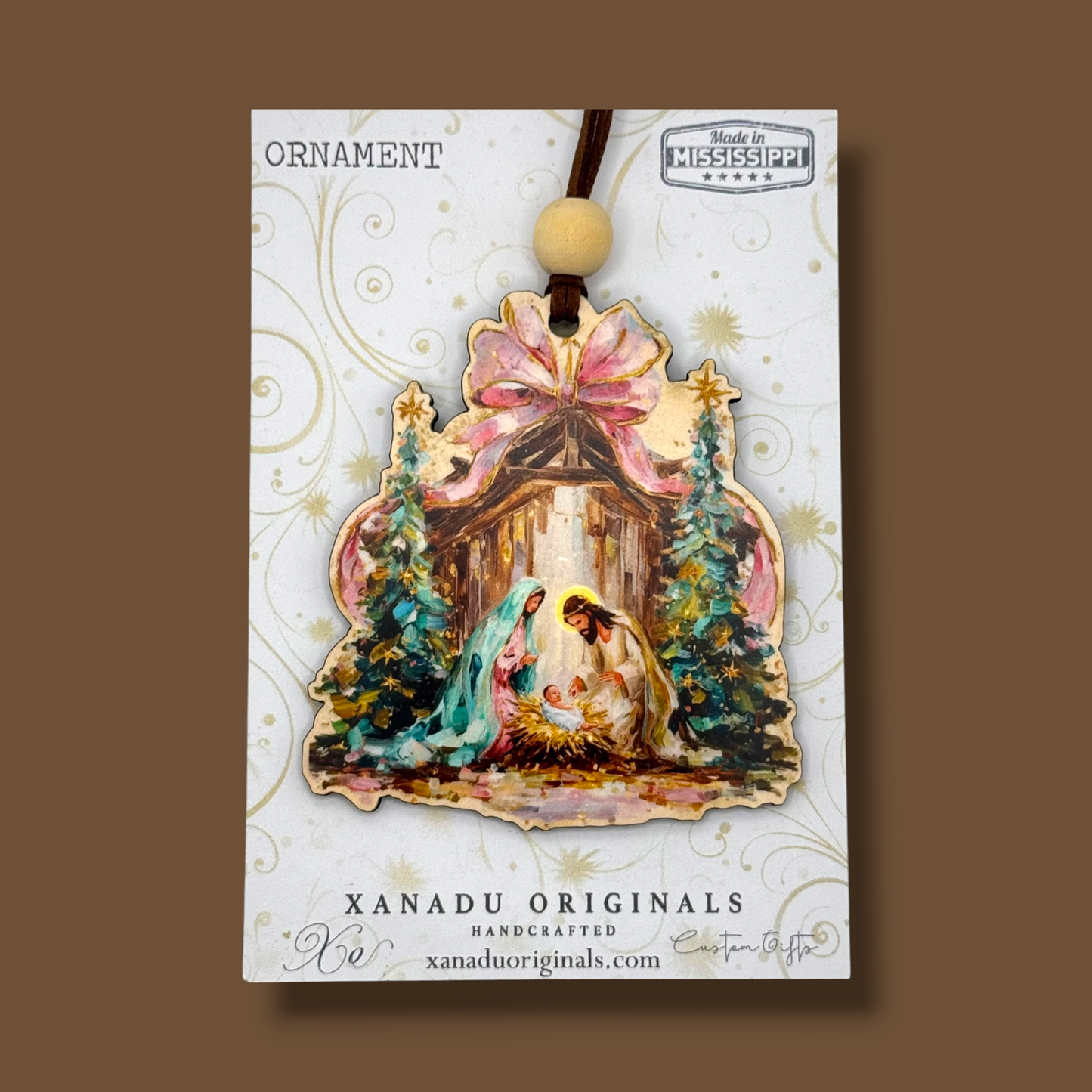 Impasto Watercolor Holy Family Nativity Ornament - Whimsical Pink Bow Tree Decoration