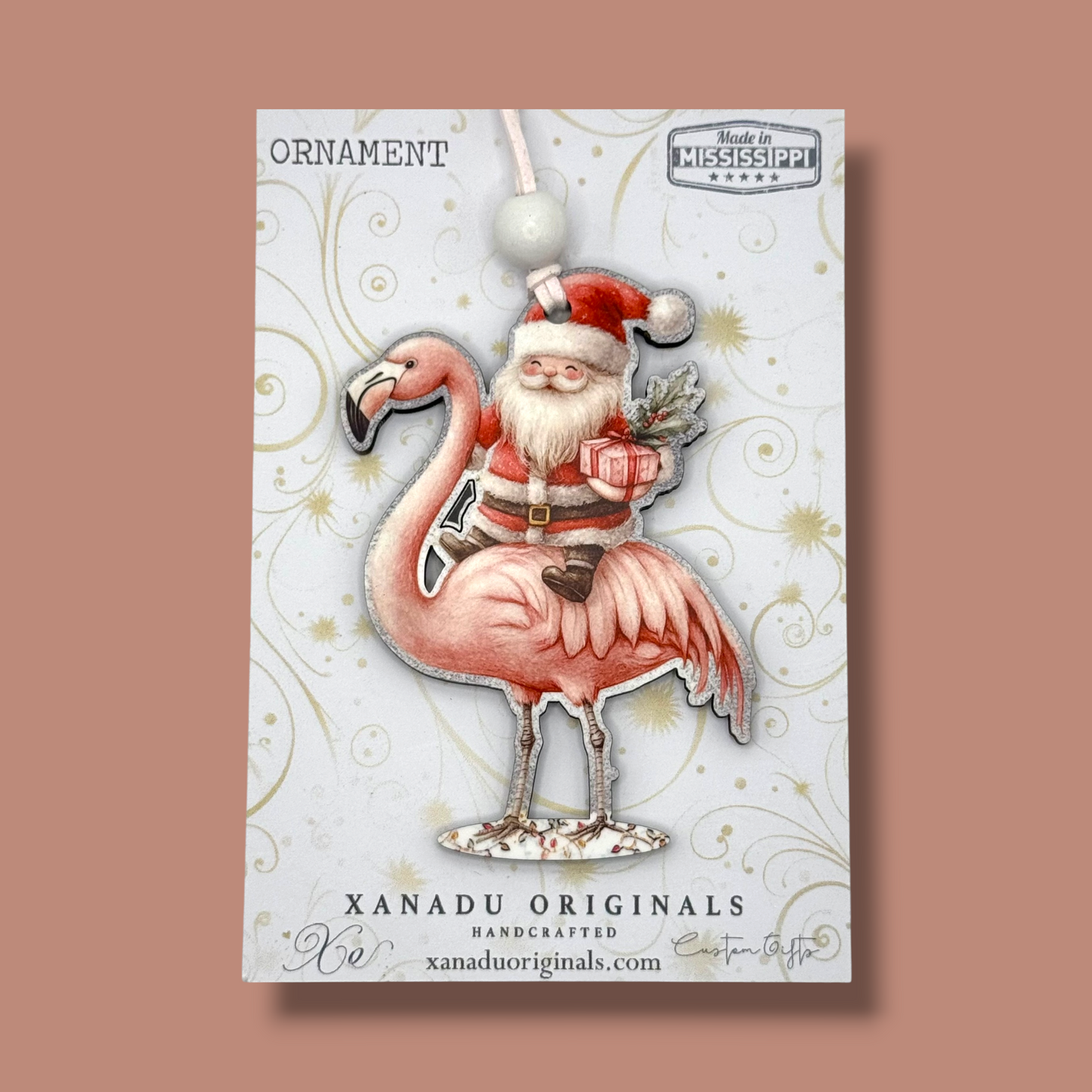 Santa Riding Flamingo Christmas Ornament