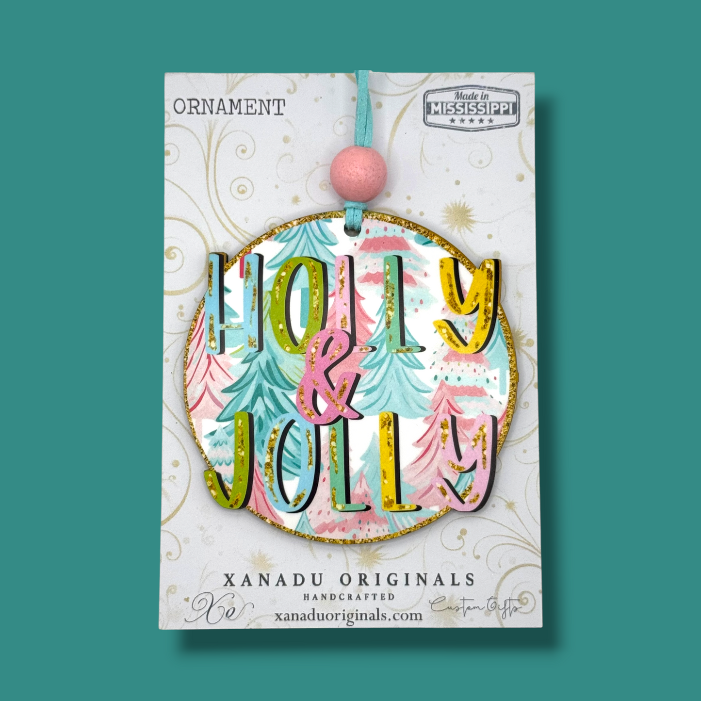 "Holly & Jolly" Retro Christmas Tree Ornament, Traditional Holiday Tree Decor, Pastel Whimsical Forest Keepsake
