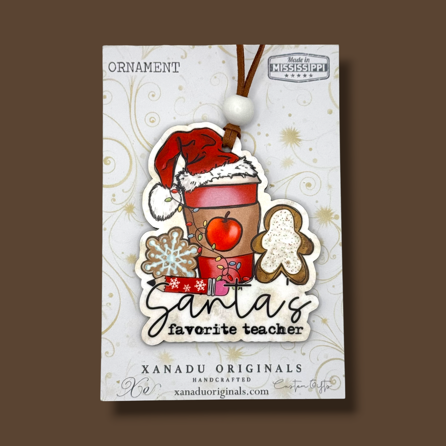 Santa's Favorite Teacher Christmas Ornament - Cute Holiday Coffee Travel Cup Tree Decoration