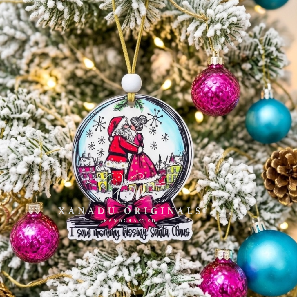 I Saw Mommy Kissing Santa Claus Snow Globe Ornament - Pink Retro Holiday Tree Decoration