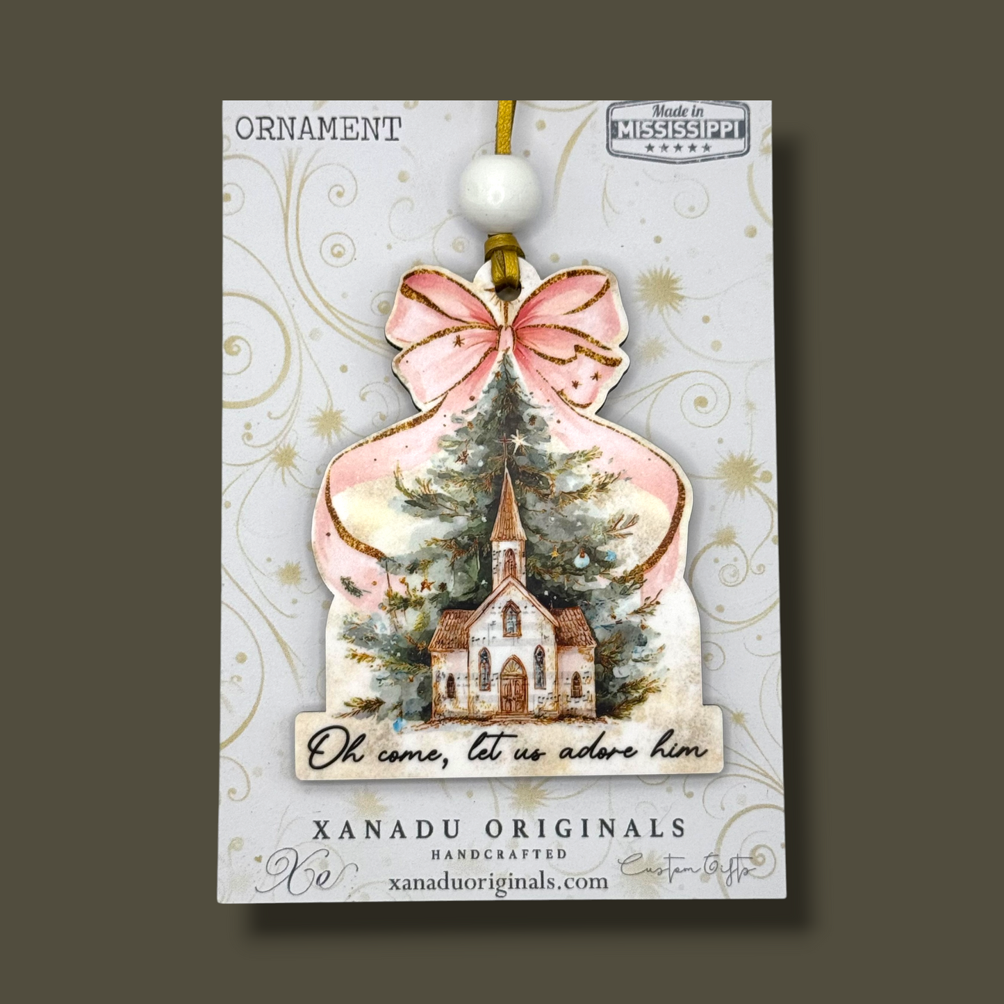 Oh Come Let Us Adore Him Church Ornament - Watercolor Winter Tree Holiday Decoration