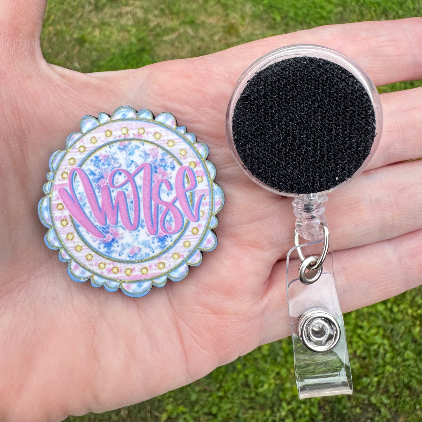 Nurse Floral Scalloped Interchangeable Badge Button with Reel Option