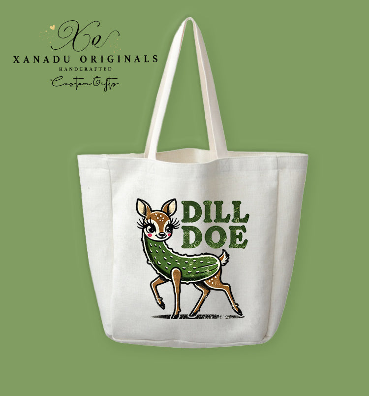 A cream-colored polyester linen tote bag featuring a vintage cartoon illustration of a female deer with a pickle body next to the textured green text "DILL DOE".