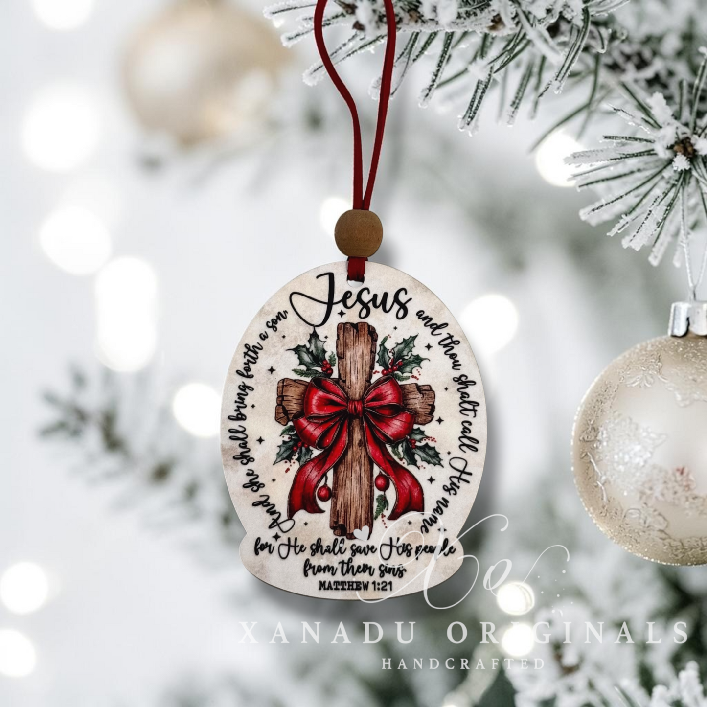 Matthew 1:21 Scripture Wooden Cross Christmas Ornament | Christian Holiday Keepsake
