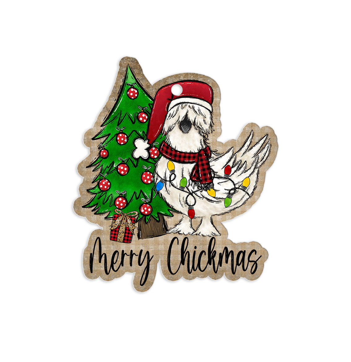 Merry Chickmas Silkie Chicken Ornament | Rustic Farmhouse Poultry Holiday Keepsake