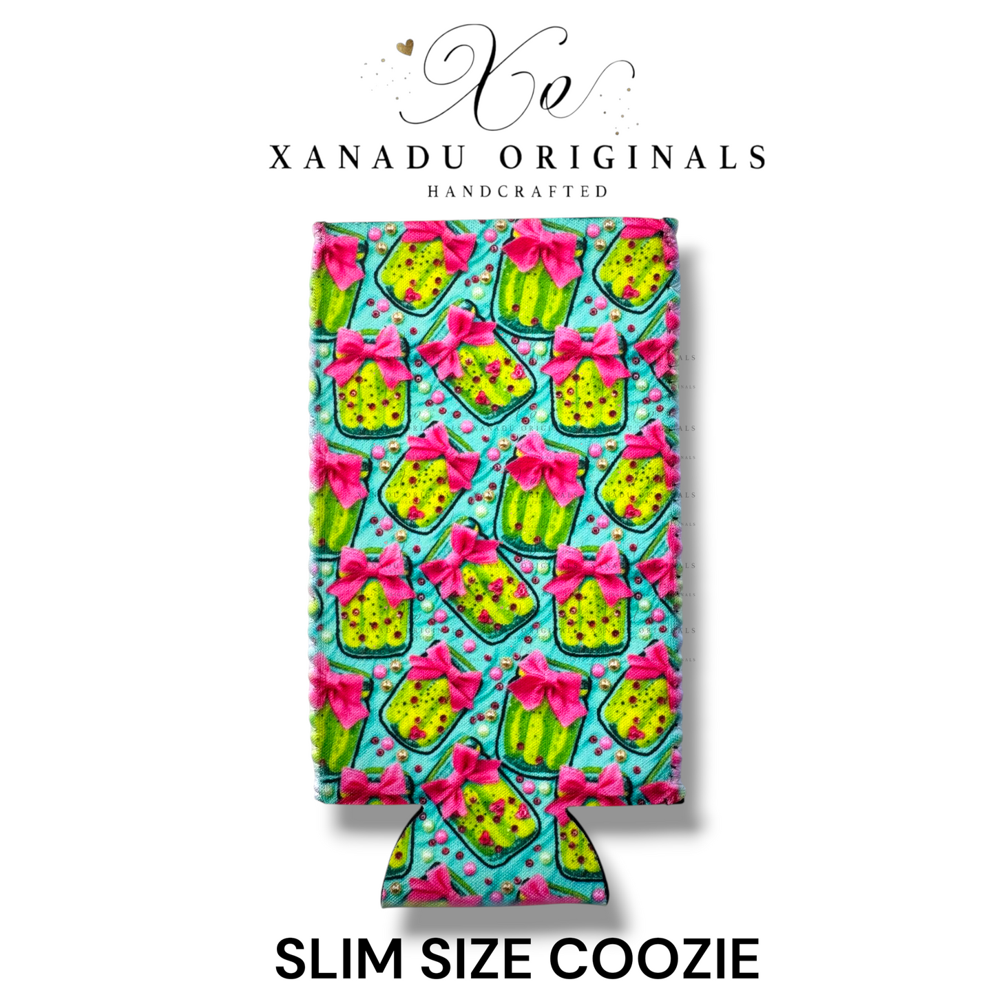 "Xanadu Originals handcrafted slim size neoprene can coozie featuring a vibrant repeating pattern of neon green pickle jars with bright pink bows against a turquoise background."