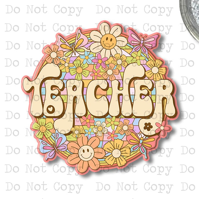Teacher Retro Floral Interchangeable Badge Button with Reel Option