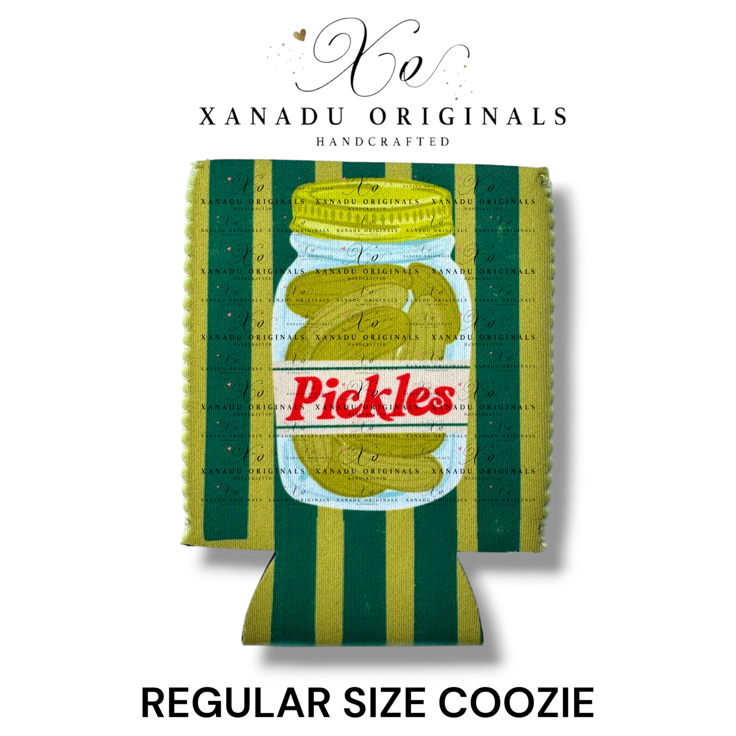 "Xanadu Originals handcrafted regular size neoprene can coozie featuring a detailed vintage illustration of a glass mason jar filled with whole pickles under the red text 'Pickles' against a distressed olive green and yellow striped background."