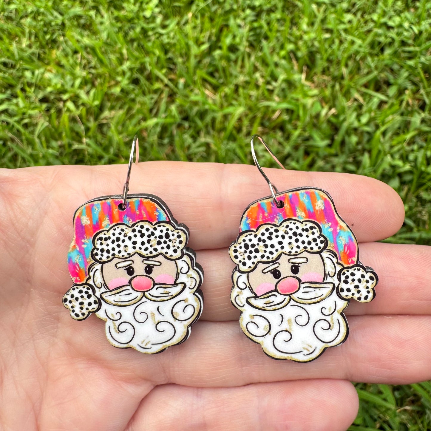 PInk Polka-dot Hat Santa Earrings