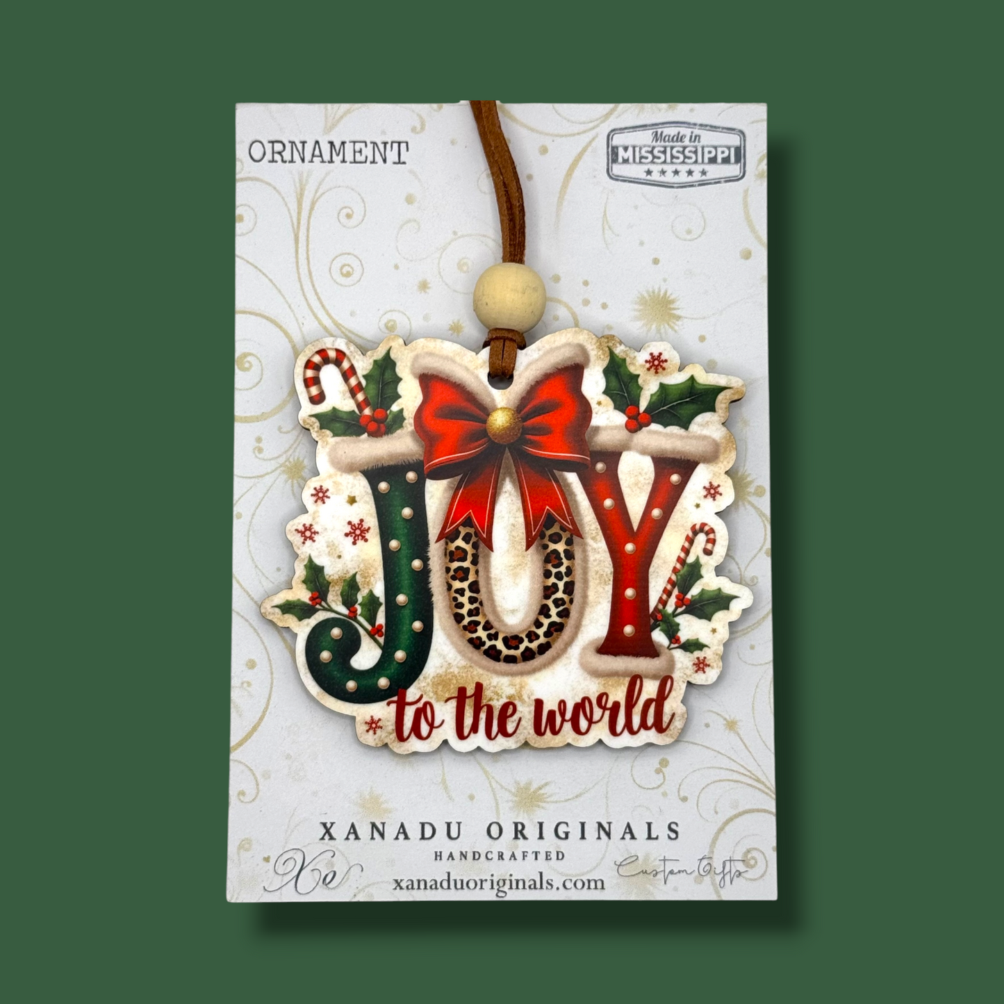 Joy to the World Cheetah Print Stocking Typography Christmas Ornament