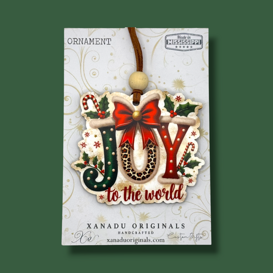 Joy to the World Cheetah Print Stocking Typography Christmas Ornament