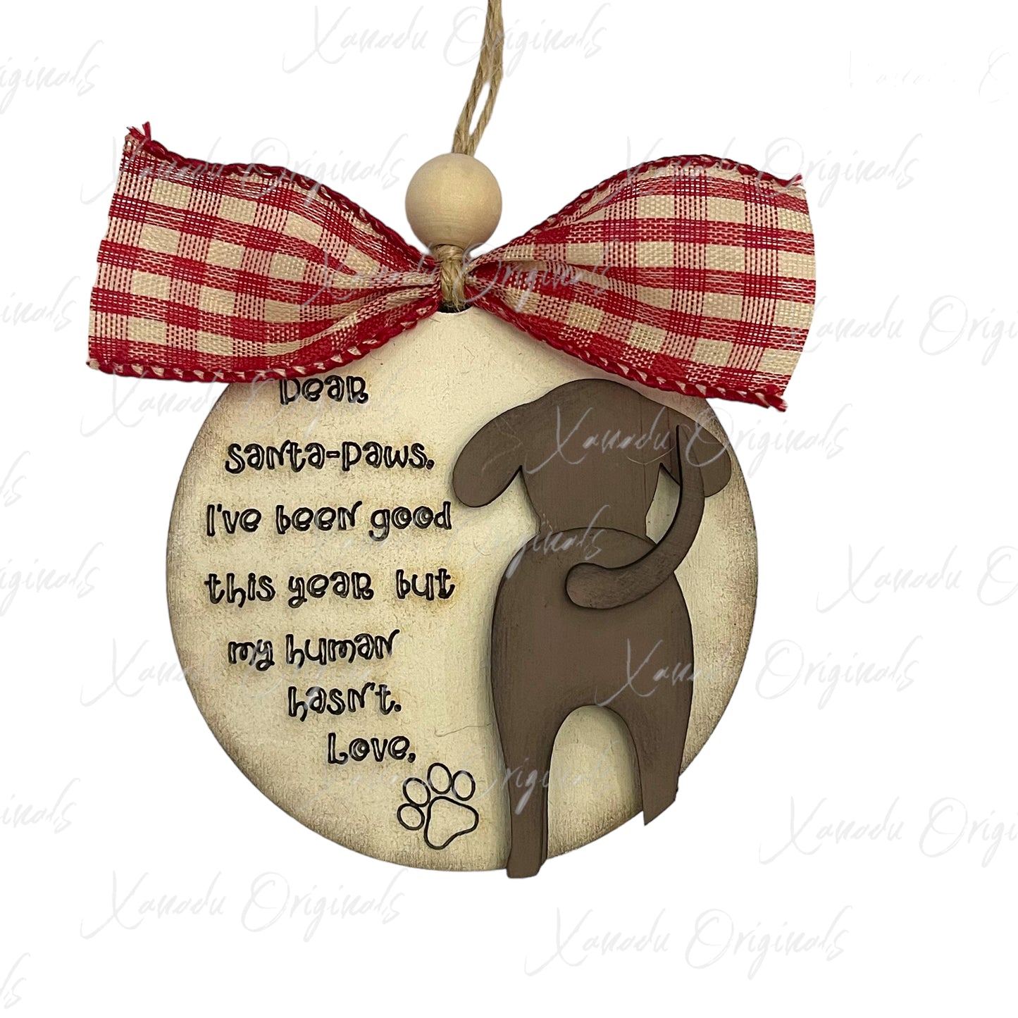 Santa Paws Brown Dog Wood Ornament