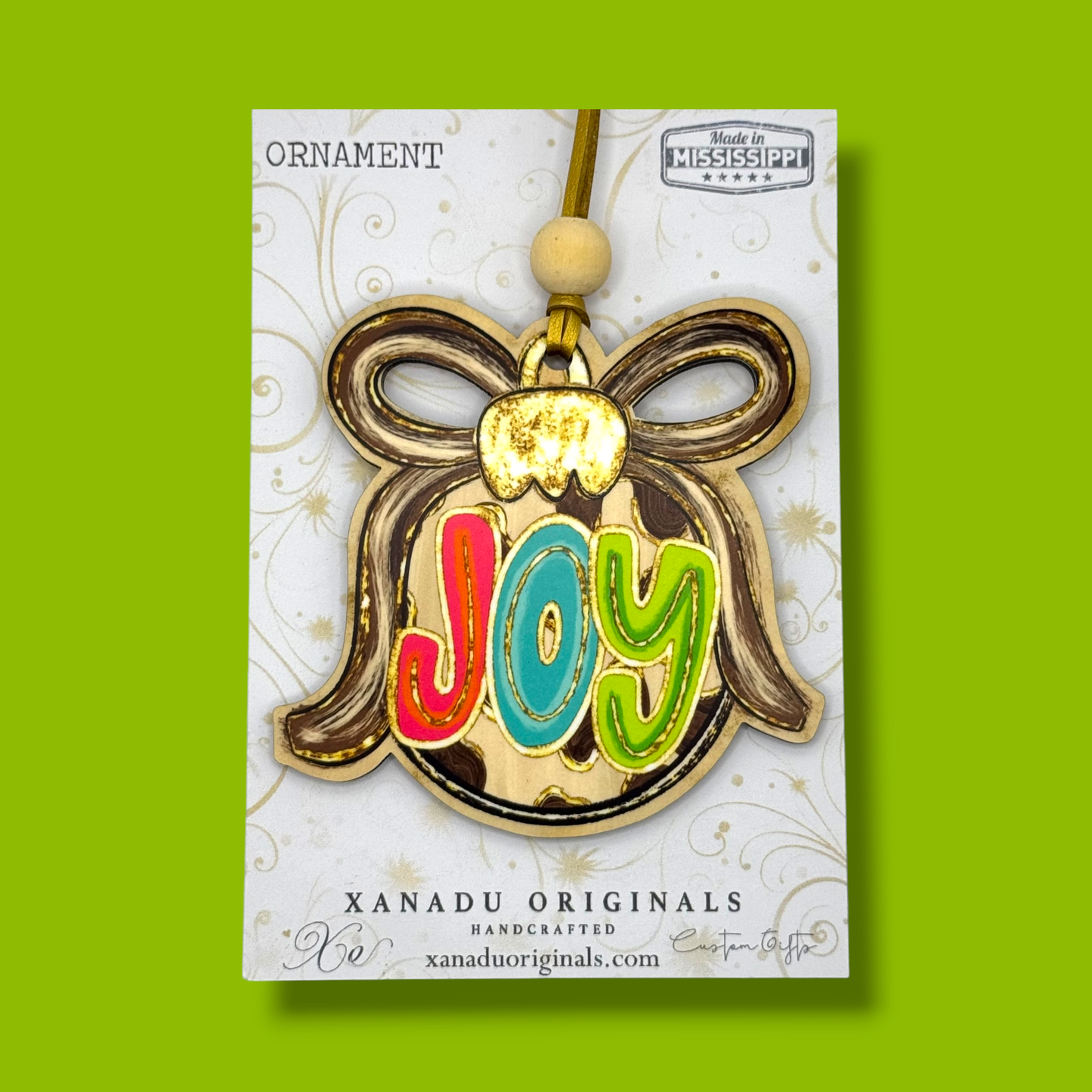 Leopard Print Joy Bauble Christmas Ornament - Whimsical Gold Bow Tree Decoration