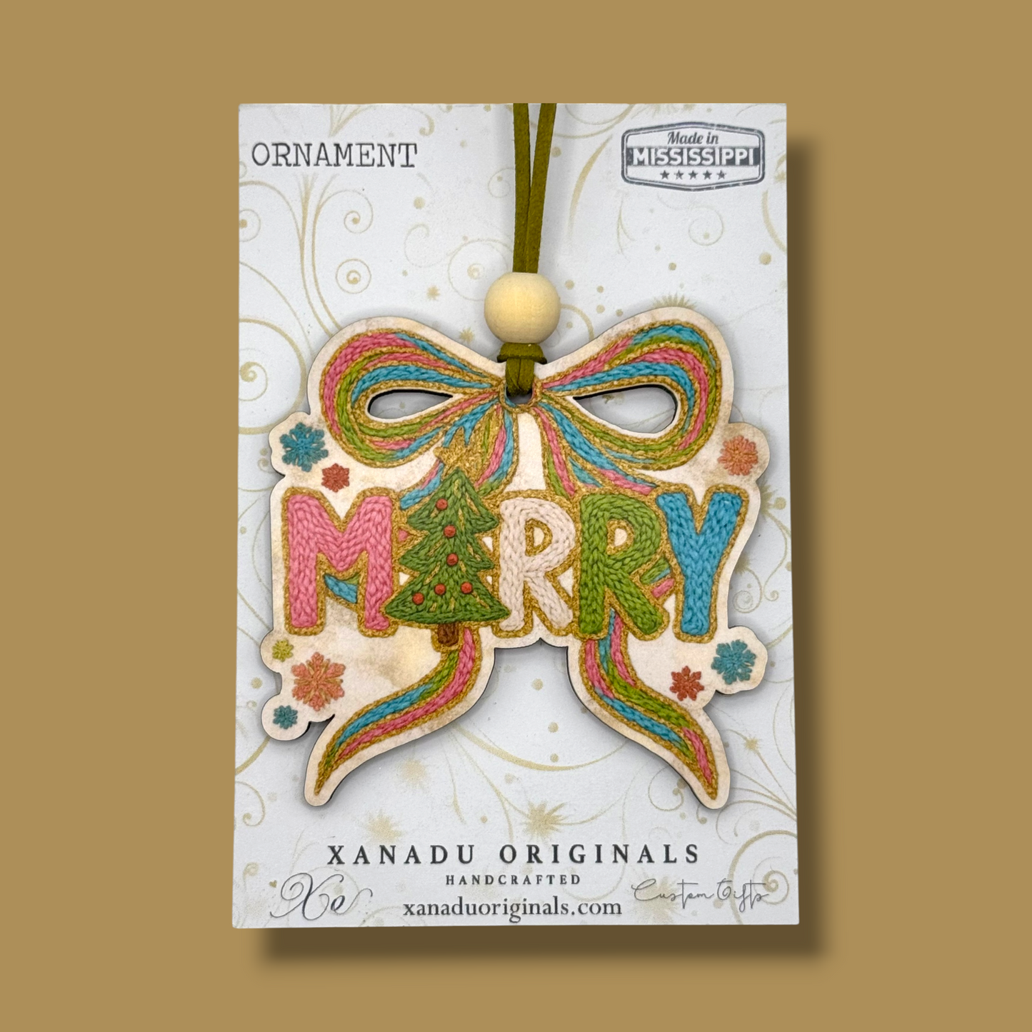 Faux Embroidered Merry Christmas Ribbon Bow Pastel Tree Typography Ornament