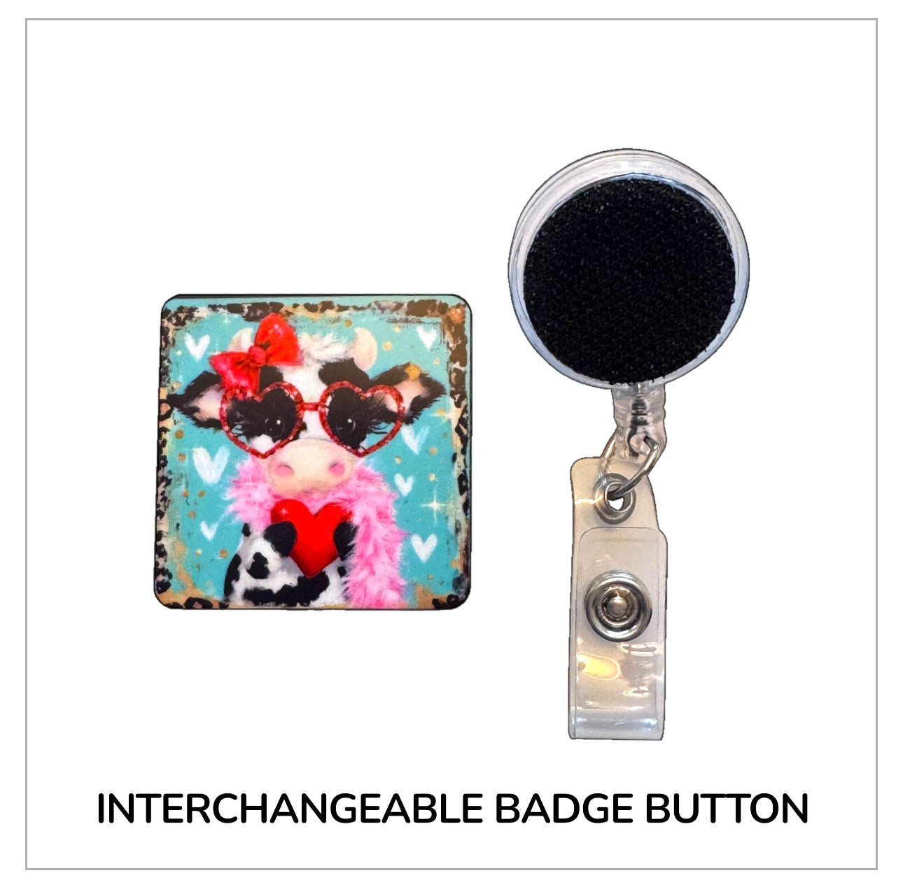 Cow Valentine Interchangeable Badge Button with Reel Option