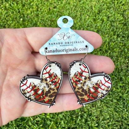 Baseball Leopard Heart Earrings