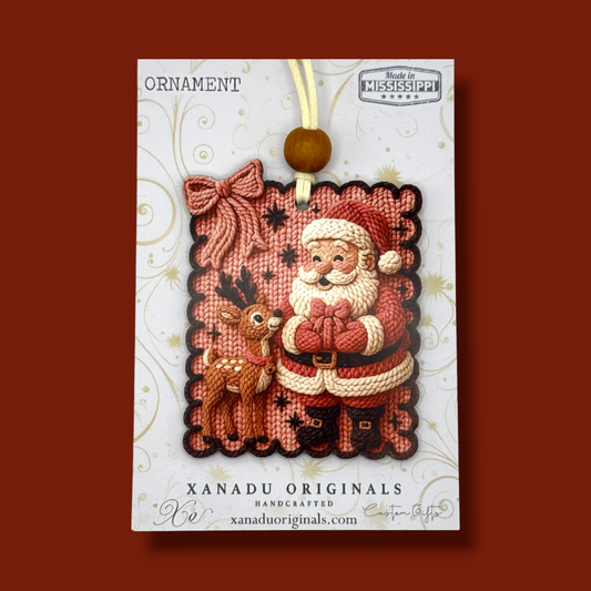 Faux Knit Santa & Reindeer Christmas Ornament | Retro Pink Crochet Holiday Keepsake