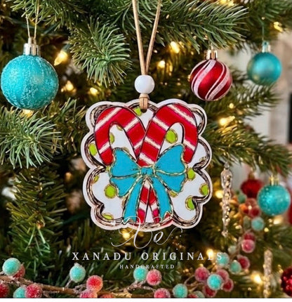 Whimsical Candy Cane Bow Christmas Ornament - Festive Polka Dot Holiday Tree Decoration