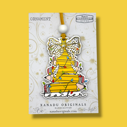 Yellow Pencil Tree Teacher Christmas Ornament