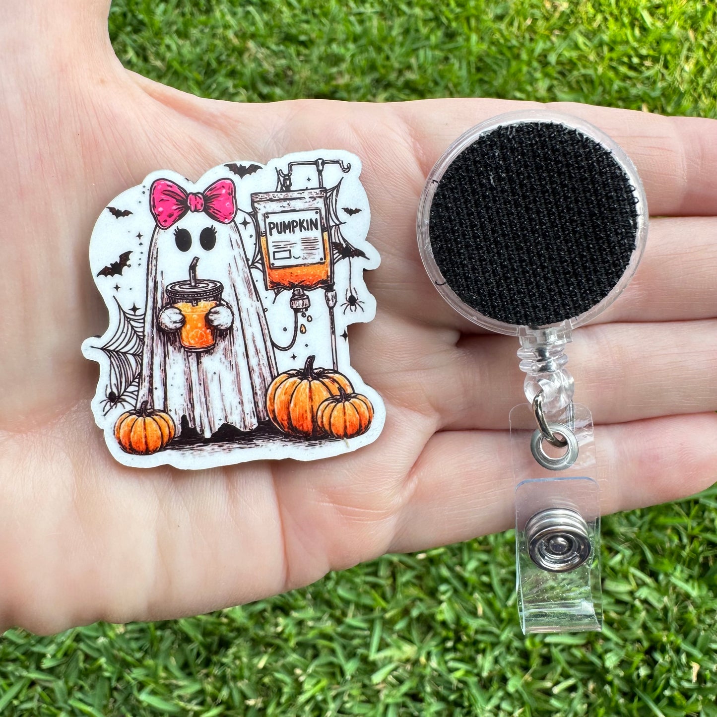 Pumpkin IV Ghost Interchangeable Badge Button with Reel Option