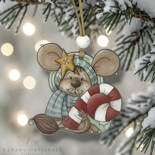 Whimsical Christmas Mouse Candy Cane Ornament, Traditional Holiday Tree Decor, Cute Animal Keepsake