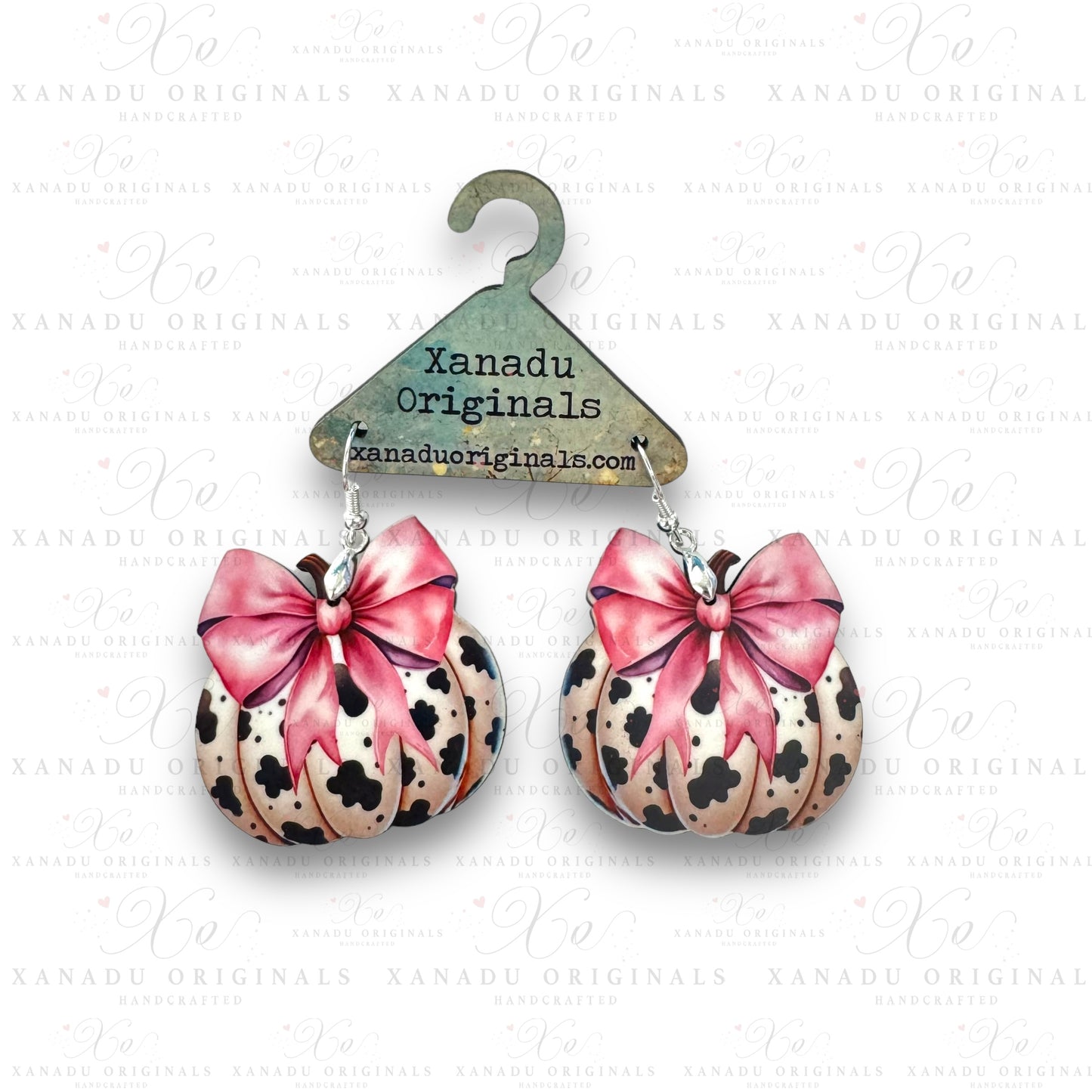 Pink Bow Cow Print Pumpkin Earrings