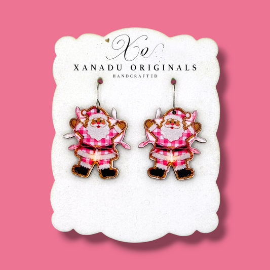 Burlap Pink Santa Earrings