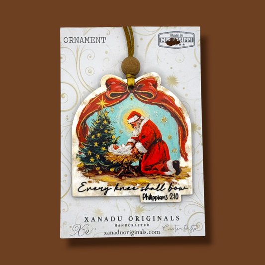 Every Knee Shall Bow Philippians 2:10 Kneeling Santa Ornament - Christian Nativity Tree Decoration