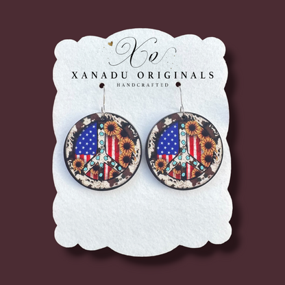 Peace Sign Cowhide Sunflower Earrings