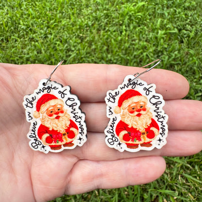 Believe in the Magic of Christmas Vintage Santa Claus Typography Earrings