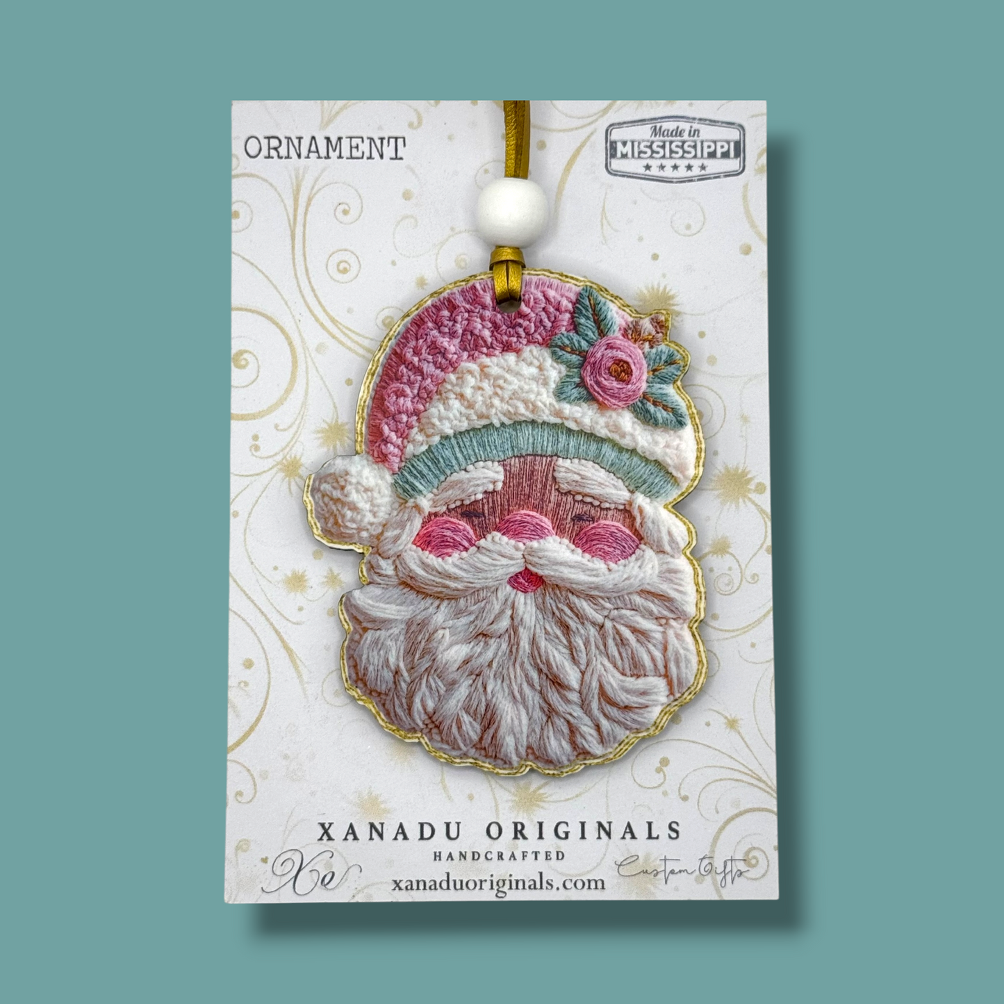 Faux Embroidery Pastel Santa Christmas Ornament - Cute Yarn Look Holiday Tree Decoration