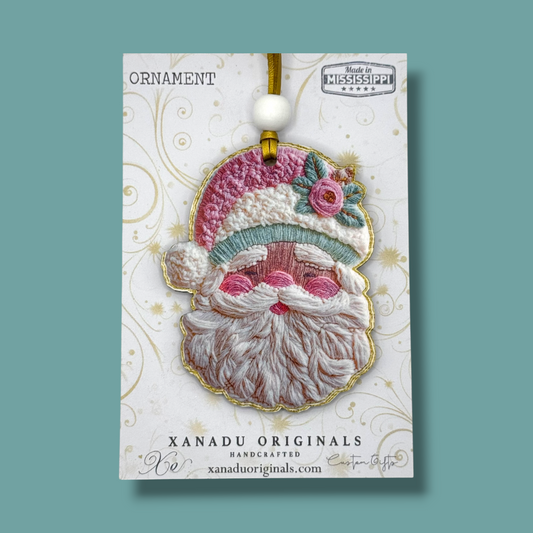 Faux Embroidery Pastel Santa Christmas Ornament - Cute Yarn Look Holiday Tree Decoration