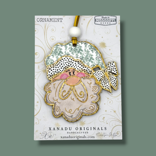 Shabby Chic Santa Christmas Ornament with Sage Green Floral Hat and Gold Glitter Beard