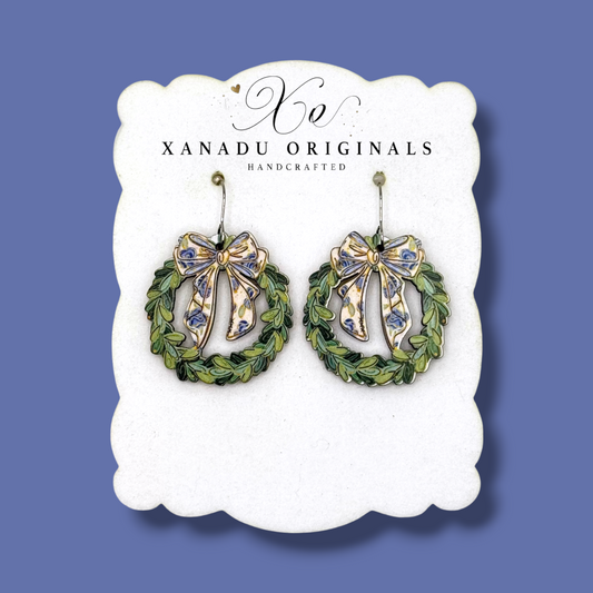 Blue Toile Bow Wreath Earrings