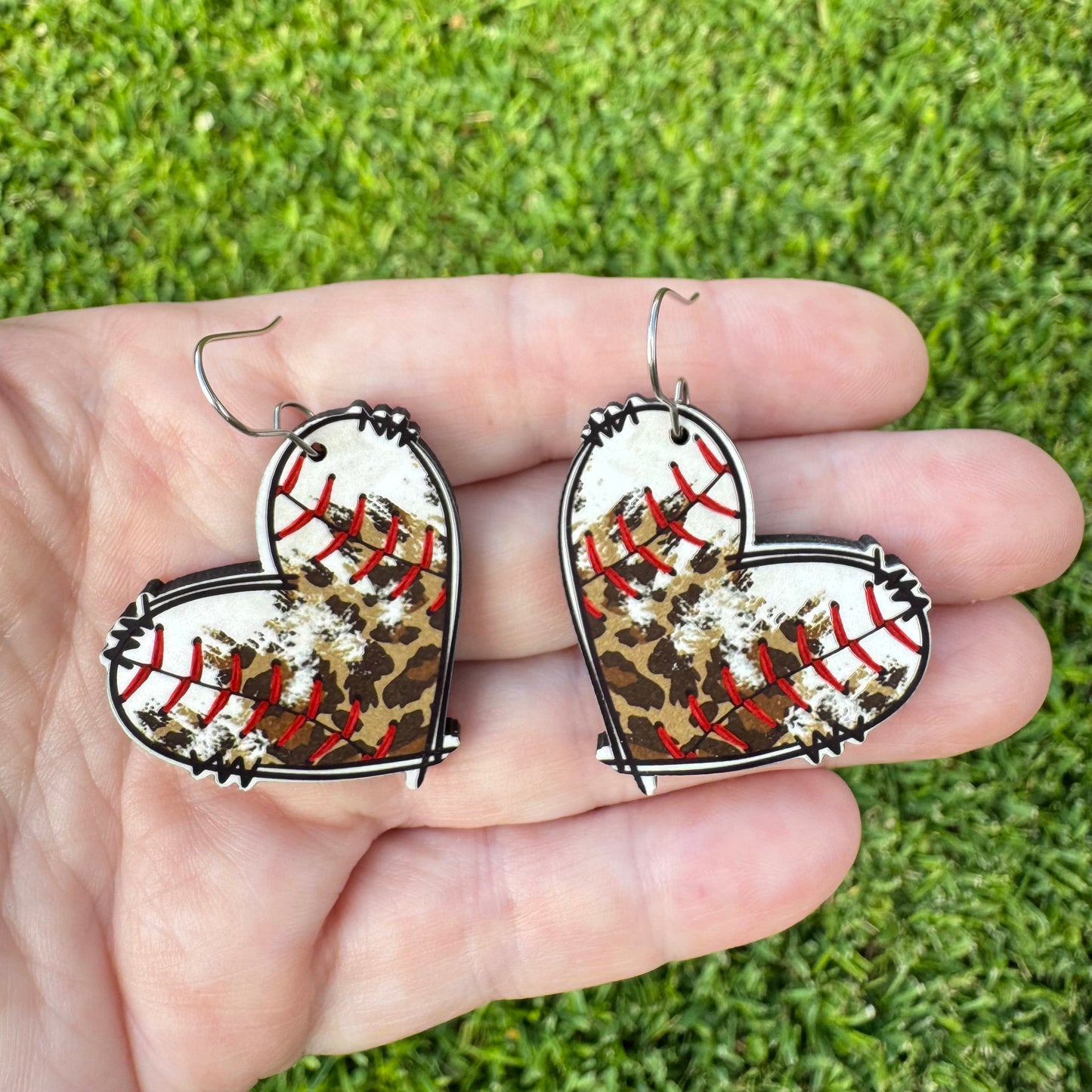 Baseball Leopard Heart Earrings