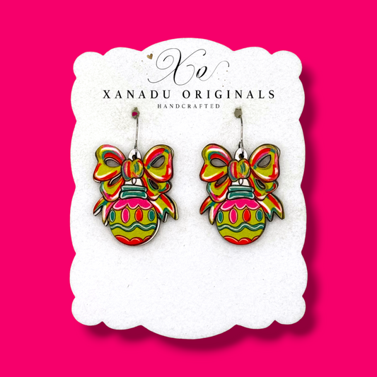 Festive Bow Lime Globe Earrings