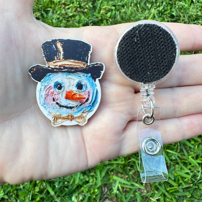 Hand Painted Snowman Interchangeable Badge Button with Reel Option