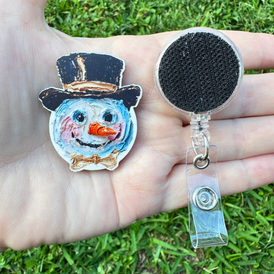 Hand Painted Snowman Interchangeable Badge Button with Reel Option