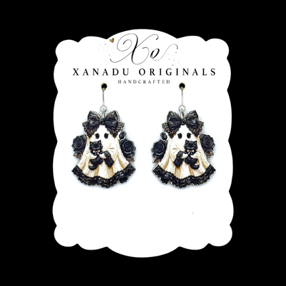Goth Ghost Black Cat Dangle Earrings