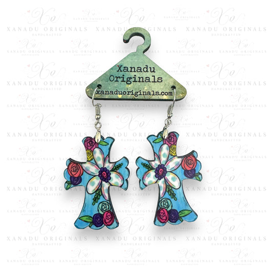 Blue Floral Cross Earrings